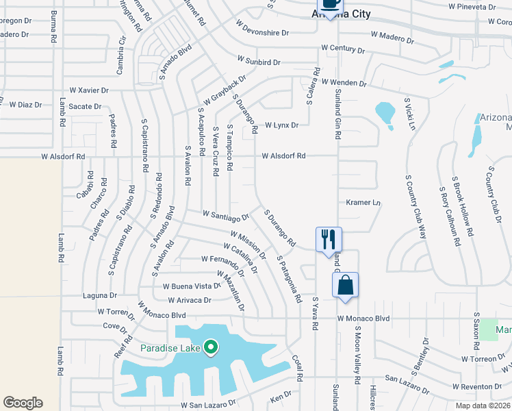 map of restaurants, bars, coffee shops, grocery stores, and more near 10139 West Durango Place in Arizona City