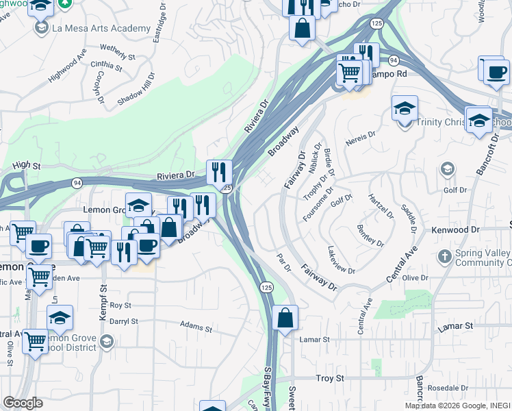 map of restaurants, bars, coffee shops, grocery stores, and more near 3448 Trophy Drive in La Mesa