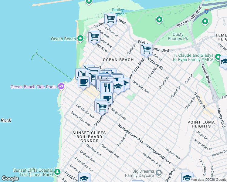 map of restaurants, bars, coffee shops, grocery stores, and more near in San Diego
