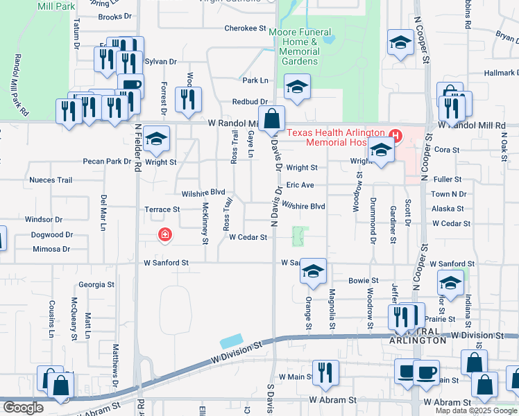 map of restaurants, bars, coffee shops, grocery stores, and more near 1201 Wilshire Boulevard in Arlington