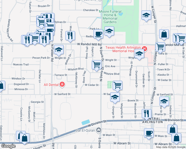map of restaurants, bars, coffee shops, grocery stores, and more near 900 Gaye Lane in Arlington