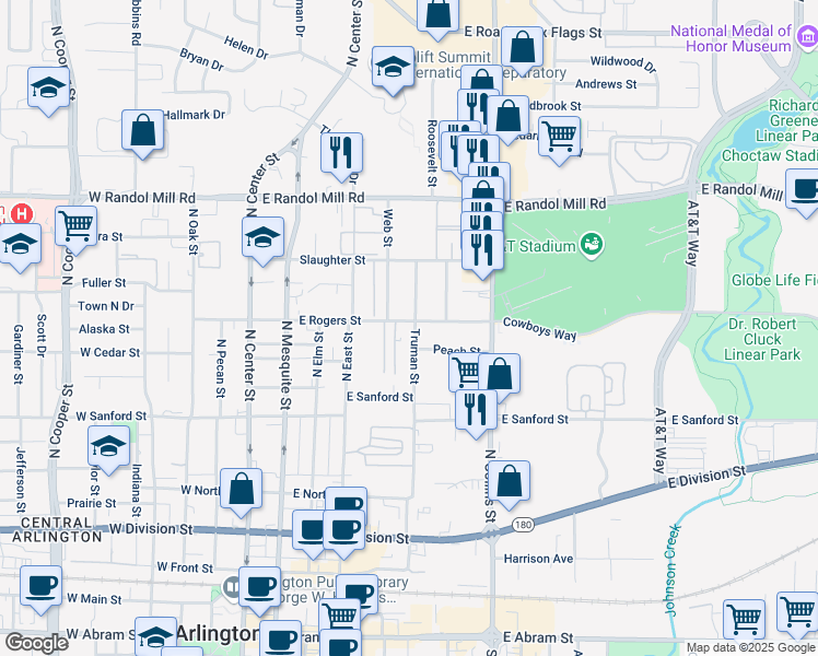 map of restaurants, bars, coffee shops, grocery stores, and more near 805 Web Street in Arlington