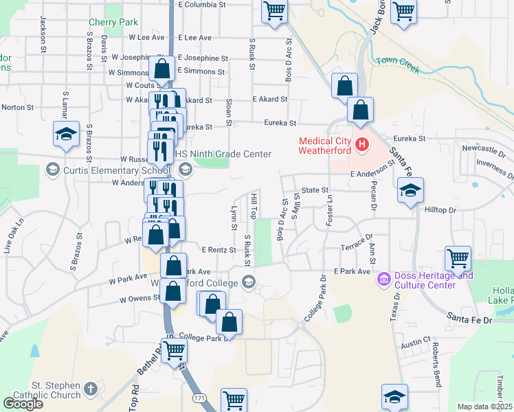 map of restaurants, bars, coffee shops, grocery stores, and more near 1108A Curtis Drive in Weatherford