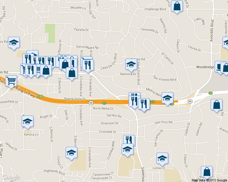 map of restaurants, bars, coffee shops, grocery stores, and more near 10177 Madrid Way in Spring Valley
