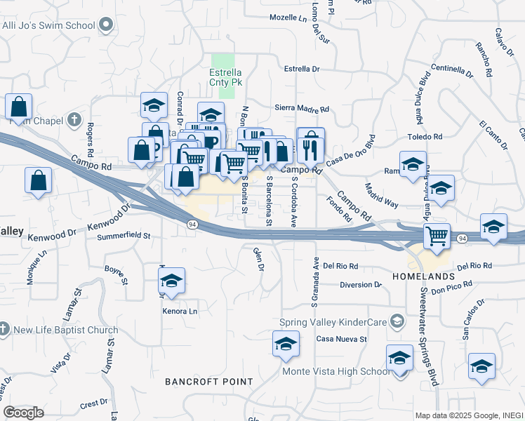 map of restaurants, bars, coffee shops, grocery stores, and more near 3654 South Barcelona Street in Spring Valley