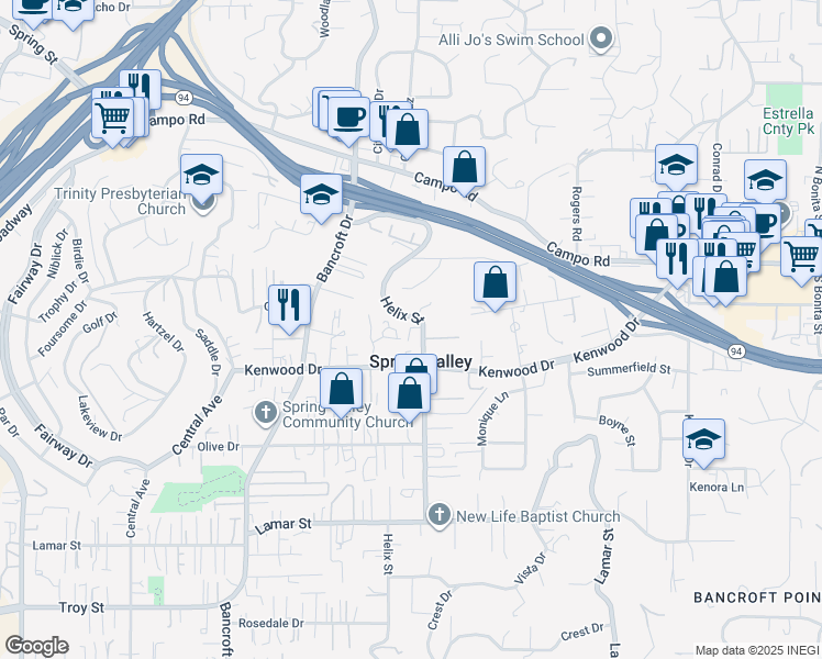 map of restaurants, bars, coffee shops, grocery stores, and more near 3660 Helix Street in Spring Valley