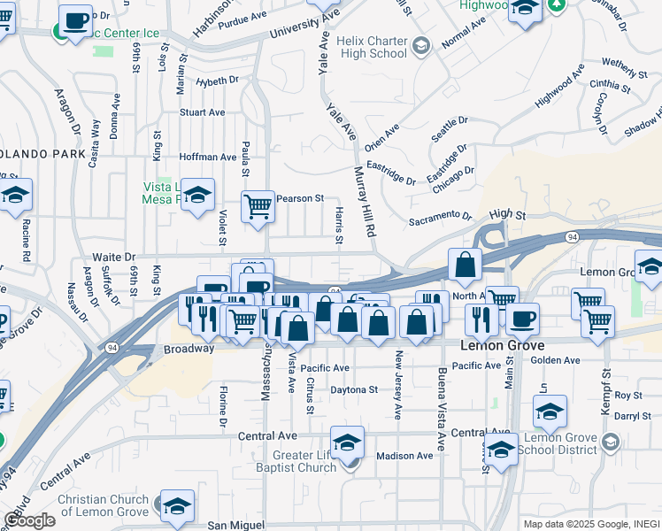 map of restaurants, bars, coffee shops, grocery stores, and more near 3801 Harris Street in La Mesa