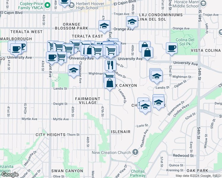 map of restaurants, bars, coffee shops, grocery stores, and more near 4780 Lantana Drive in San Diego