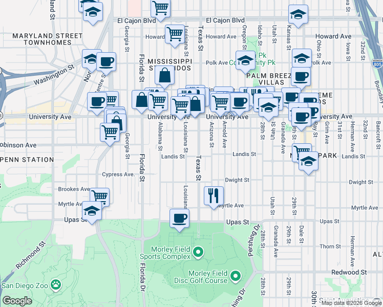 map of restaurants, bars, coffee shops, grocery stores, and more near 3741 Louisiana Street in San Diego