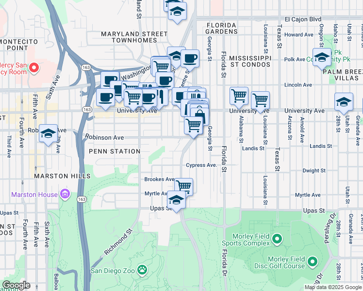 map of restaurants, bars, coffee shops, grocery stores, and more near 1762 1/2 Robinson Avenue in San Diego