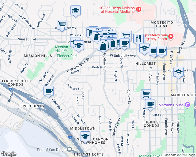 map of restaurants, bars, coffee shops, grocery stores, and more near 1002 Sutter Street in San Diego