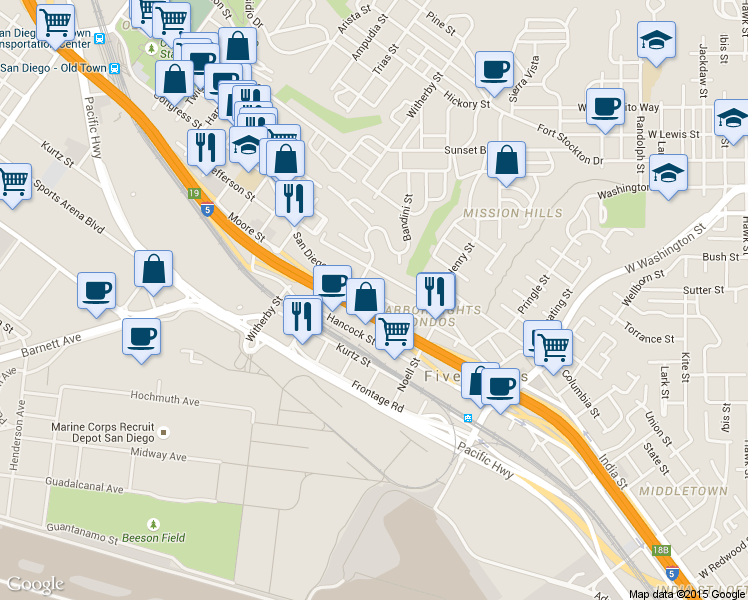 map of restaurants, bars, coffee shops, grocery stores, and more near 2120 San Diego Avenue in San Diego