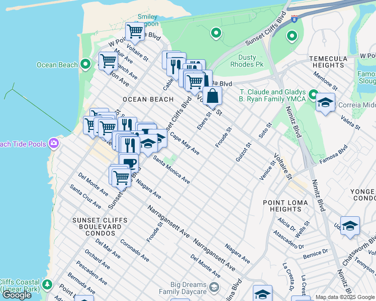 map of restaurants, bars, coffee shops, grocery stores, and more near 4683 Brighton Avenue in San Diego