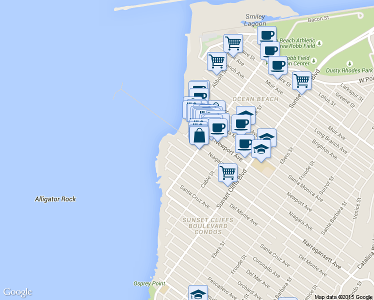 map of restaurants, bars, coffee shops, grocery stores, and more near 5070 Narragansett Avenue in San Diego