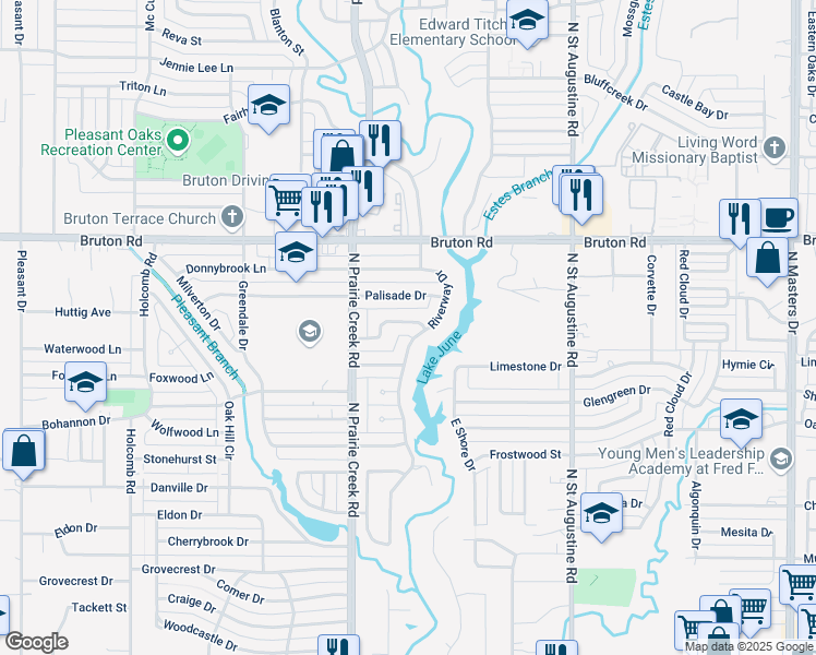 map of restaurants, bars, coffee shops, grocery stores, and more near 9260 Palisade Drive in Dallas