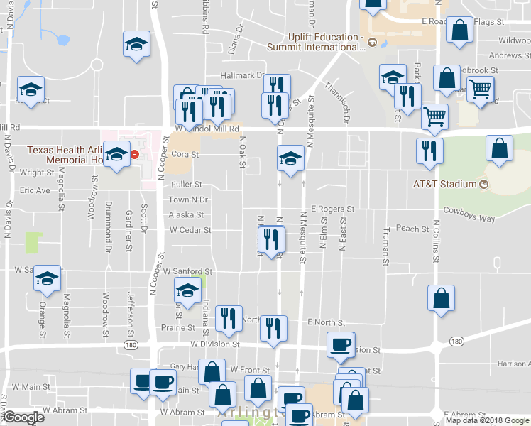 map of restaurants, bars, coffee shops, grocery stores, and more near 806 North Center Street in Arlington