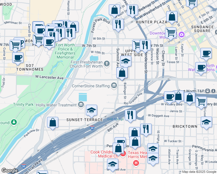 map of restaurants, bars, coffee shops, grocery stores, and more near 1501-1947 West Lancaster Avenue in Fort Worth