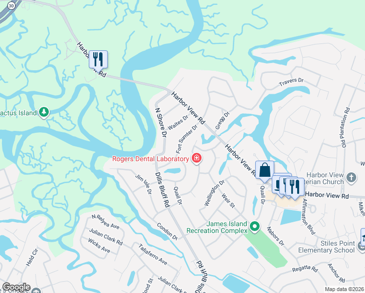 map of restaurants, bars, coffee shops, grocery stores, and more near 750 Fort Sumter Drive in Charleston