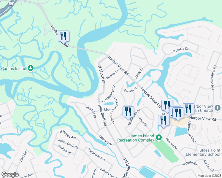 map of restaurants, bars, coffee shops, grocery stores, and more near 739 Fort Sumter Drive in Charleston