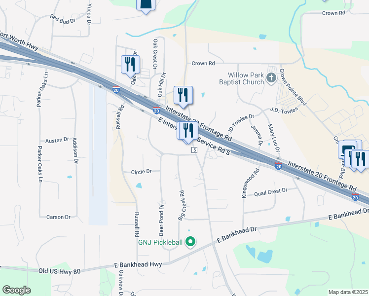 map of restaurants, bars, coffee shops, grocery stores, and more near 720 Mikus Road in Willow Park
