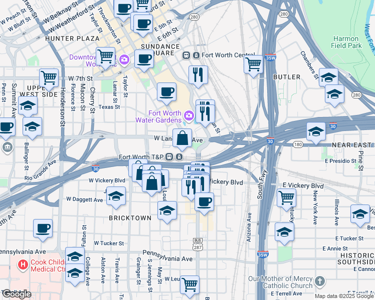 map of restaurants, bars, coffee shops, grocery stores, and more near 201 West Lancaster Avenue in Fort Worth