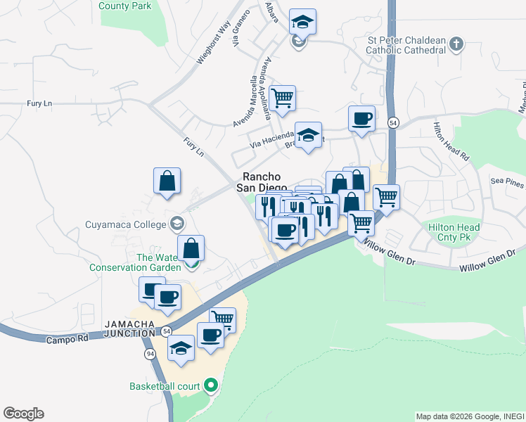 map of restaurants, bars, coffee shops, grocery stores, and more near 11366 Via Rancho San Diego in El Cajon