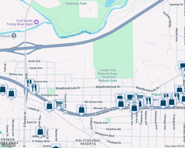 map of restaurants, bars, coffee shops, grocery stores, and more near 3301 View Street in Fort Worth