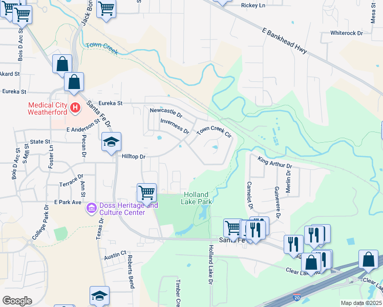 map of restaurants, bars, coffee shops, grocery stores, and more near 1920 Town Creek Circle in Weatherford