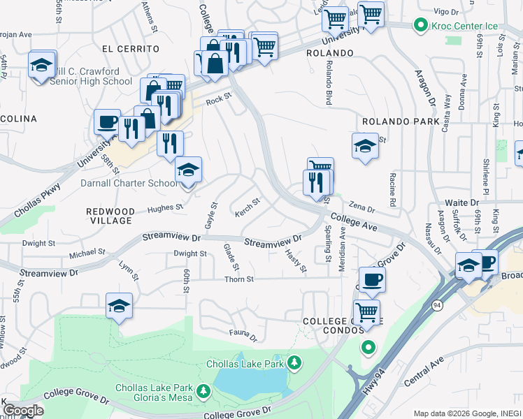 map of restaurants, bars, coffee shops, grocery stores, and more near 3576 Glade Street in San Diego