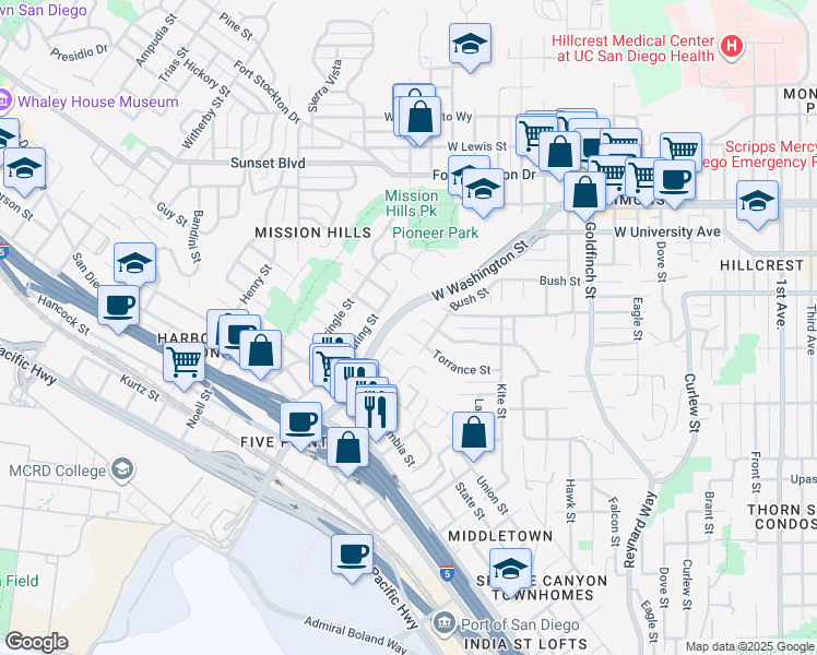map of restaurants, bars, coffee shops, grocery stores, and more near 1694 Torrance Street in San Diego
