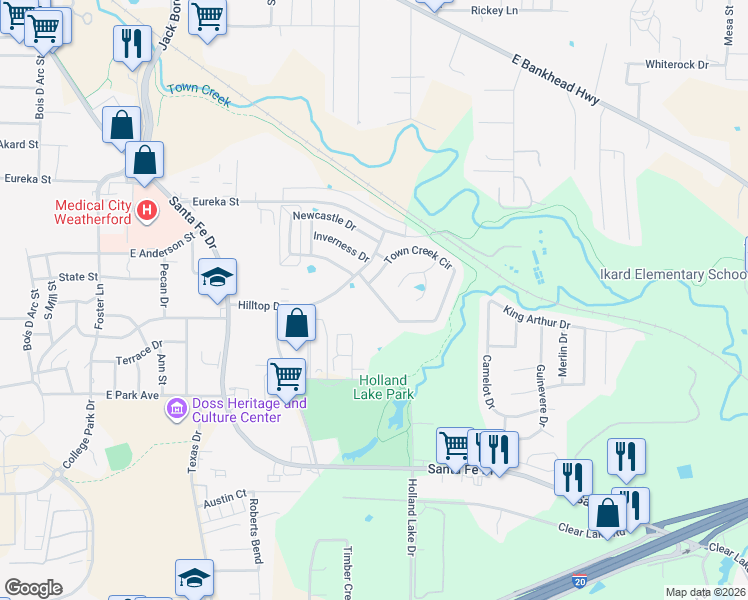 map of restaurants, bars, coffee shops, grocery stores, and more near 1920 Town Creek Circle in Weatherford