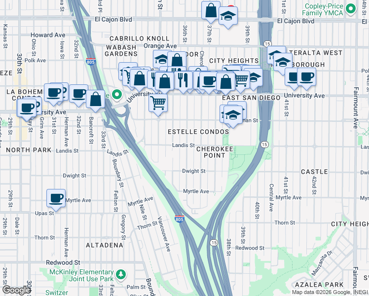 map of restaurants, bars, coffee shops, grocery stores, and more near 3694 36th Street in San Diego