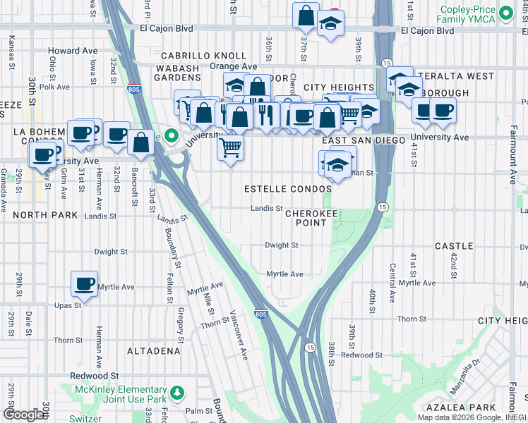 map of restaurants, bars, coffee shops, grocery stores, and more near 3577-85 Landis Street in San Diego