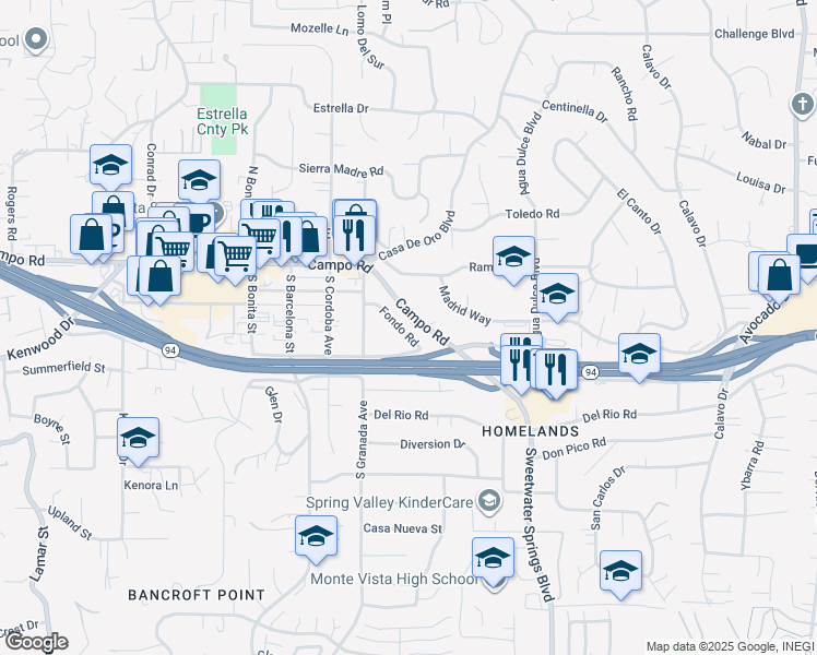 map of restaurants, bars, coffee shops, grocery stores, and more near 10119 Fondo Road in Spring Valley
