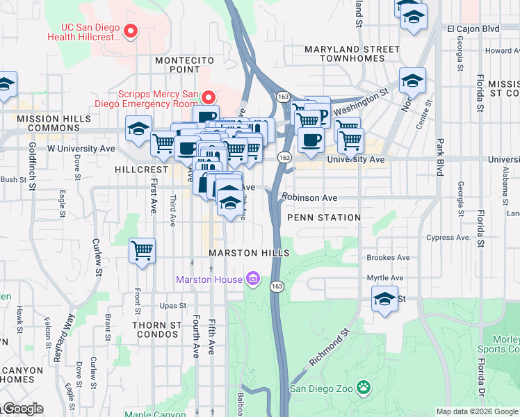 map of restaurants, bars, coffee shops, grocery stores, and more near 3776 8th Avenue in San Diego