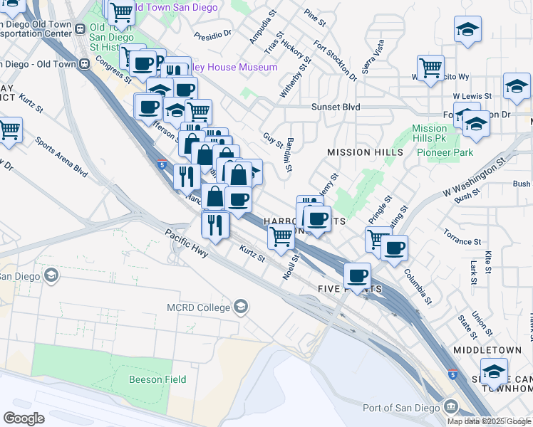 map of restaurants, bars, coffee shops, grocery stores, and more near 20611/2 San Diego Avenue in San Diego