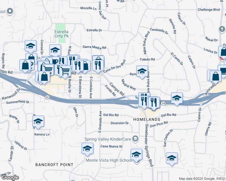 map of restaurants, bars, coffee shops, grocery stores, and more near 10119 Fondo Road in Spring Valley