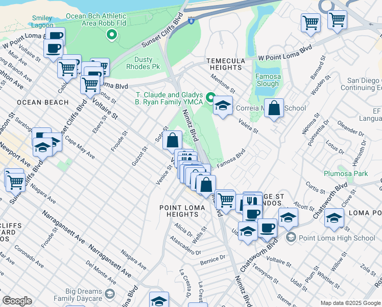map of restaurants, bars, coffee shops, grocery stores, and more near 4310 Banning St in San Diego