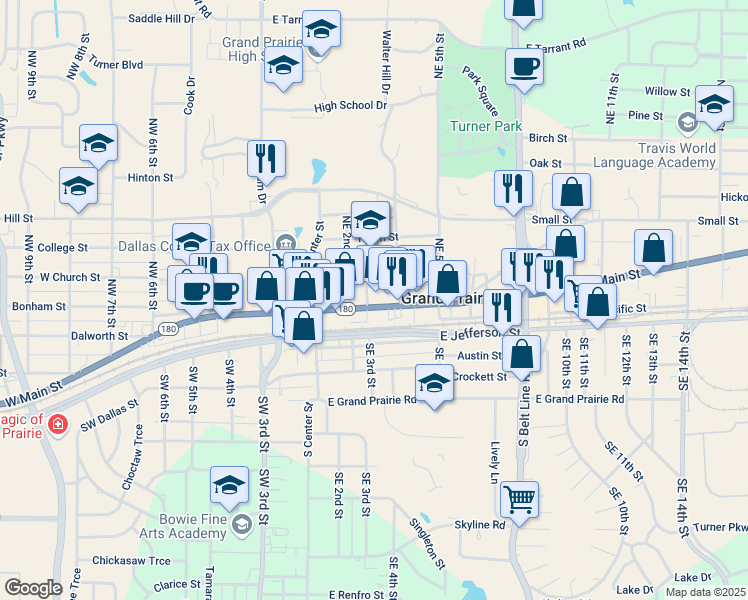 map of restaurants, bars, coffee shops, grocery stores, and more near 173 Northeast 3rd Street in Grand Prairie