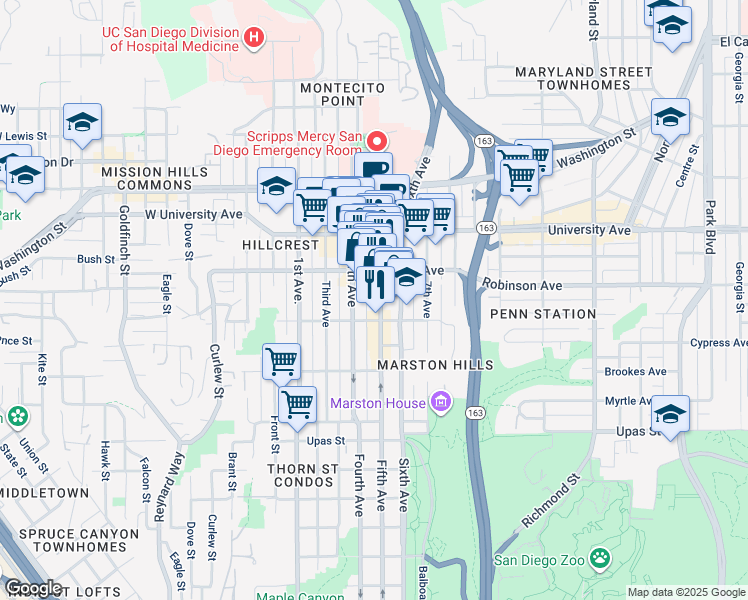 map of restaurants, bars, coffee shops, grocery stores, and more near 3774 Fifth Avenue in San Diego