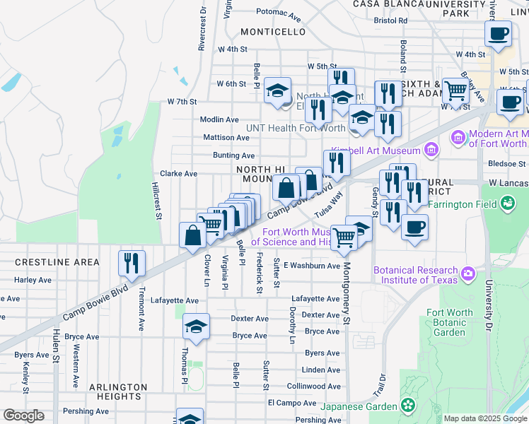 map of restaurants, bars, coffee shops, grocery stores, and more near 1309 Belle Place in Fort Worth