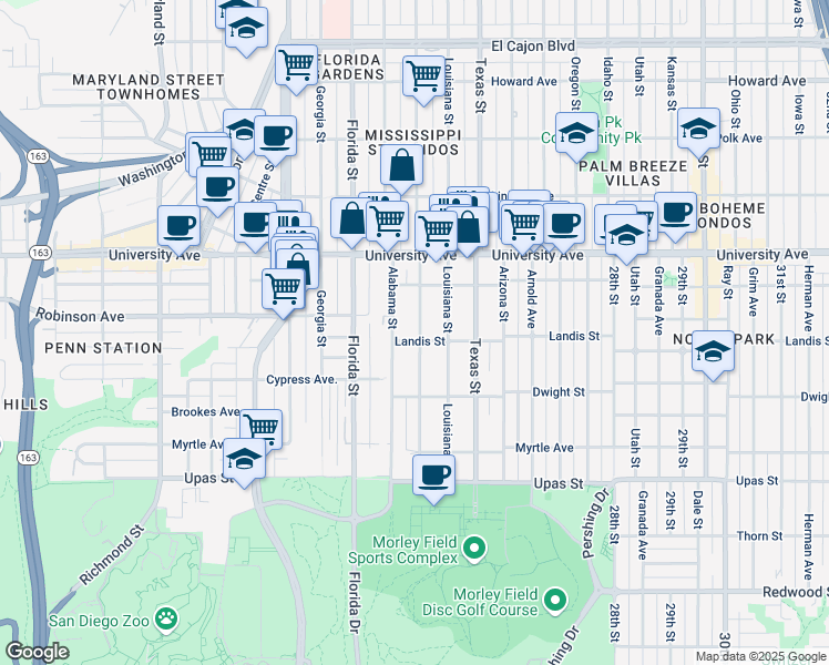 map of restaurants, bars, coffee shops, grocery stores, and more near 3718 Mississippi Street in San Diego