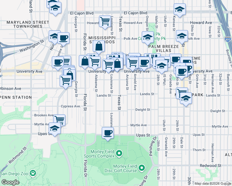 map of restaurants, bars, coffee shops, grocery stores, and more near 3741 Louisiana Street in San Diego