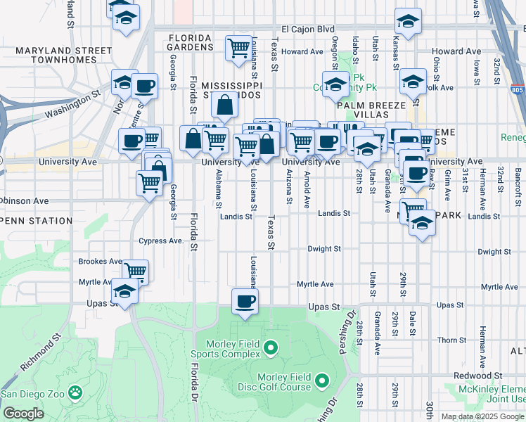 map of restaurants, bars, coffee shops, grocery stores, and more near 3741 Louisiana Street in San Diego