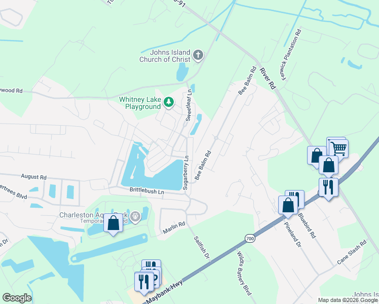 map of restaurants, bars, coffee shops, grocery stores, and more near 2950 Sugarberry Lane in Johns Island