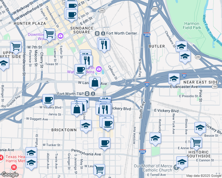 map of restaurants, bars, coffee shops, grocery stores, and more near in Fort Worth