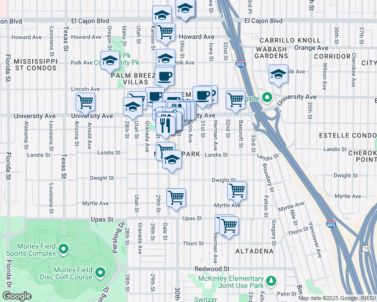 map of restaurants, bars, coffee shops, grocery stores, and more near 3792 31st Street in San Diego
