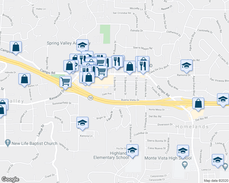 map of restaurants, bars, coffee shops, grocery stores, and more near 3631 South Bonita Street in Spring Valley