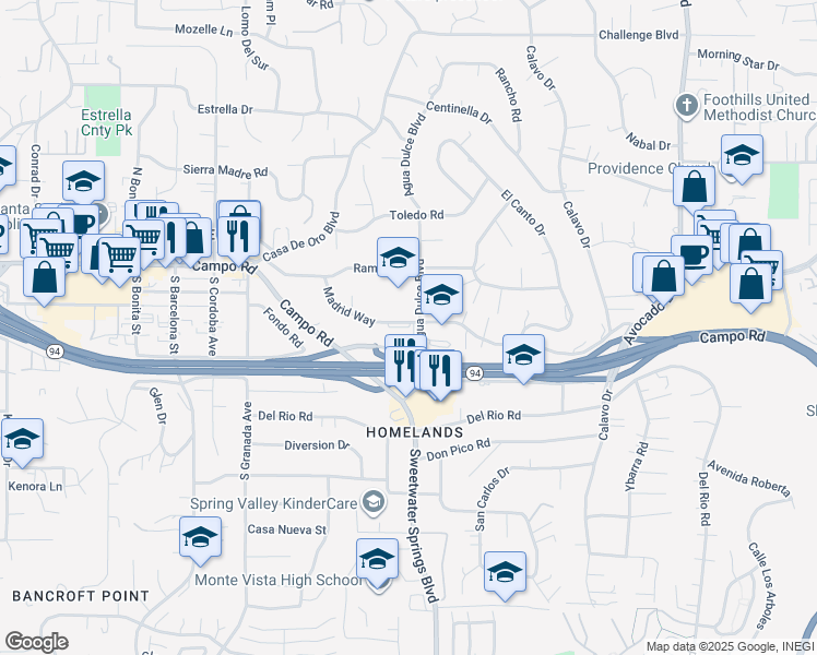 map of restaurants, bars, coffee shops, grocery stores, and more near 10235 Madrid Way in Spring Valley