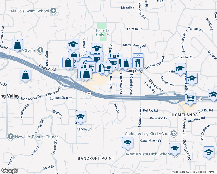 map of restaurants, bars, coffee shops, grocery stores, and more near 3654 South Bonita Street in Spring Valley